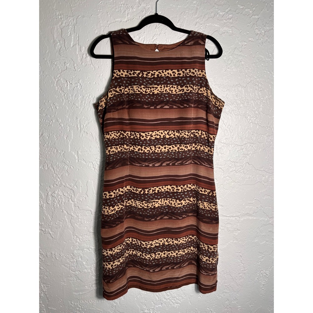 Maggy London 100% Silk Sleeveless Sheath Dress Brown Animal Print Size‎ 14